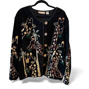 New Directions Black Giraffe Safari Wood Button Down Jacket Size XL